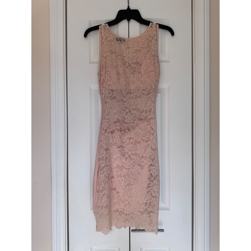 bebe Floral Lace Sleeveless Sheath Cocktail Dress Sheer Waist Scalloped Hem S